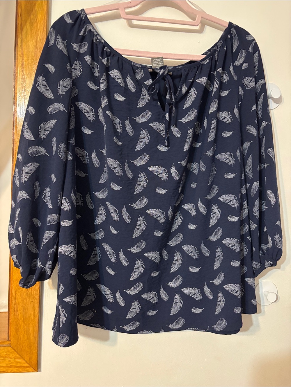 Feather-Print Navy Peasant Blouse with Tie Neck